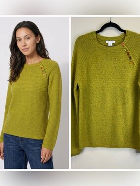 Tabitha Webb Lambswool Moss Green Crewneck Sweater Shoulder Buttons Size L